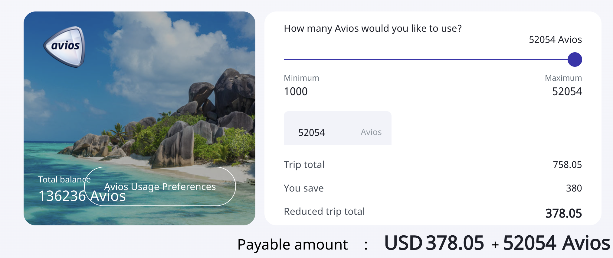 Avios and Cash search with slider fully to the right